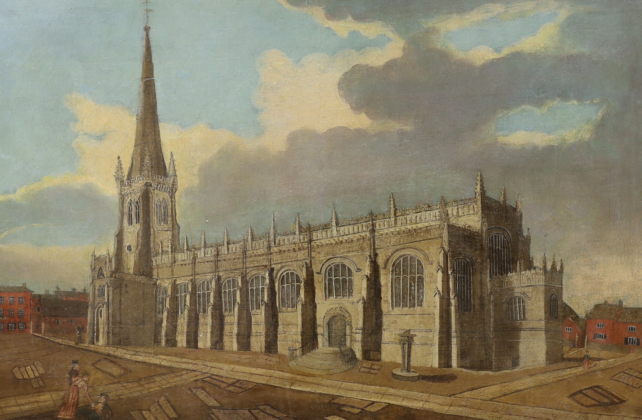 19th century English School, oil on canvas, View of a church, 38 x 57cm, unframed